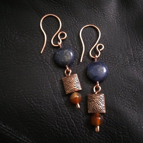 Autumn Alchemy: Copper & Lapis Coin Earrings with Russet Agate Warmth ~ Handmade - Picture 4 of 11